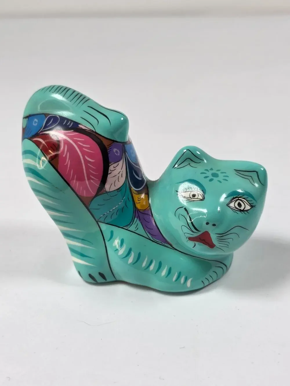 Talavera Mexico Blue/Teal Kitty Cat Stretching Folk Art Clay Pottery